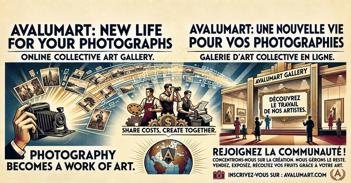 A vintage-style poster or flyer for 'Avalumart' in French and English, promoting an online collective art gallery. The design features a warm beige background, bold black and blue text, and a central illustration of people with cameras and art supplies gathered around a globe, with a gallery building on the right.